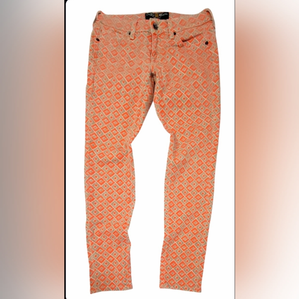 Lucky Brand Charlie Beige Orange Diamond Denim Jeans Womens Size 0 /25 Pants